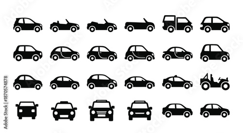 A collection of various car silhouettes on a white background for design use