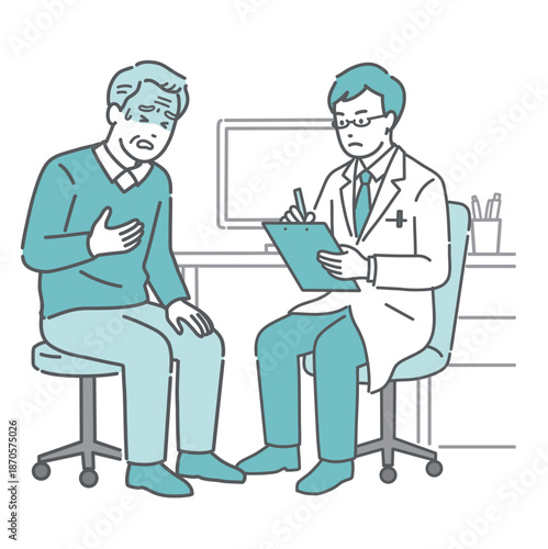 体調不良を訴える高齢男性と男性医師（白衣・救急・循環器）