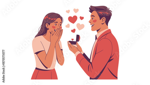 A Proposal of Love: In an illustration, a man kneels before a woman, opening a ring box amidst a cascade of hearts, a moment symbolizing love and commitment.