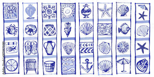 Blue and white nautical themed sketches displayed in a repeating vertical pattern