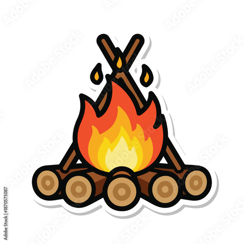 A cartoon campfire with flames and logs