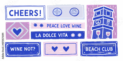 Colorful sticker collection featuring wine peace signs and positive messages