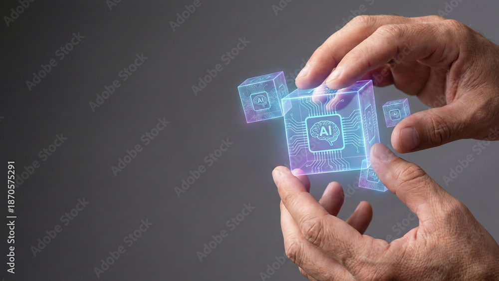 Obraz premium Generative ai high level planning concept with glowing hologram cube held by hands showing futuristic digital innovation and strategy focus