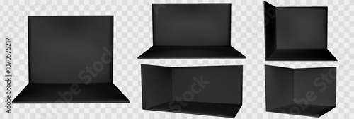 Booth set with black corner and 3d stand mockup wall for exhibition tradeshow. Empty square room with backdrop showroom display and office interior space. Blank pop up store area template vector