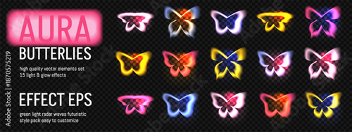 Y2k butterfly gradient with holographic blur. Aura aesthetic effect vibe for trendy girl illustration. Pink and purple blurry neon glow with color. Cute retro sparkle groovy and daisy design vector