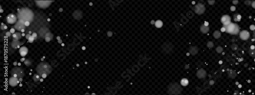 White snow overlay with transparent falling snowflake and sparkle on winter night sky. Snowy layer with magical glitter frame. Crystal and subtle light for fantasy background. Vector isolated design