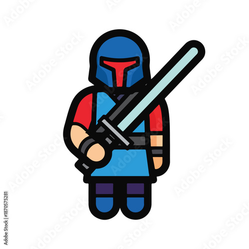A cartoon character wearing a blue helmet and holding a lightsaber