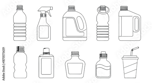 A colorful illustration of various plastic bottles and containers for cleaning and drinking.