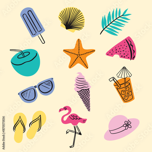 Doodle Style Summer Vector Isolated Elements Set