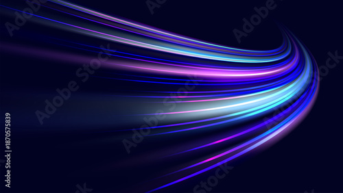 Vibrant blue and purple light streaks depicting high speed data transfer, fiber optics, or futuristic transportation. Digital technology background with motion blur effect.