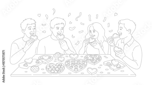 Joyful Celebration: A sketch depicting a group of people at a table, enjoying heart-shaped treats. The scene captures the spirit of togetherness, joy, and celebration with hints of festive elements.