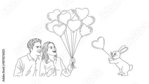 Love's Delicate Whispers: A heartwarming illustration captures a couple's delight as a whimsical rabbit offers them a bouquet of heart-shaped balloons, symbolizing affection and togetherness. 