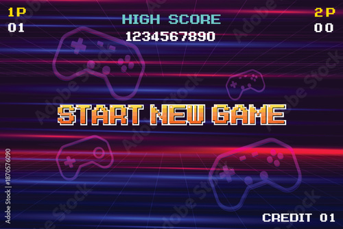 START NEW GAME, play game. pixel art. 8 bit game. retro game. for game assets in vector illustrations.	