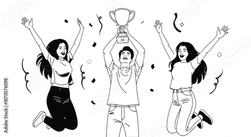 Three happy people jumping in the air with a trophy and confetti around them