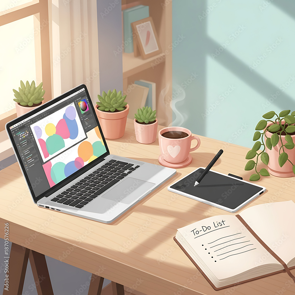 Fototapeta premium A warm and inviting home office scene featuring a laptop, a notebook for planning, a digital tablet, and several potted plants on a wooden desk bathed in natural sunlight.
