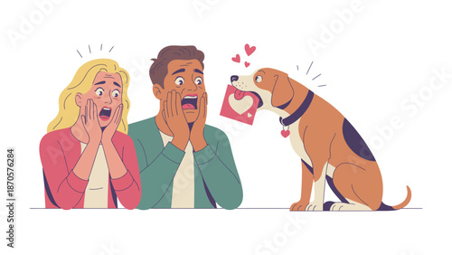 Dog's Delivery of Love: An illustration capturing a heartwarming moment as a dog presents a loving card to an astonished couple, with heart symbols.