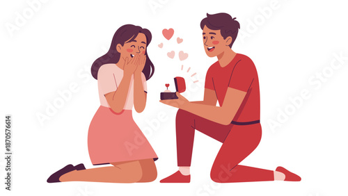Proposal of Love: A heartfelt moment of proposal. A man, on bended knee, presents a ring box to a woman, capturing the essence of romance, love and excitement.