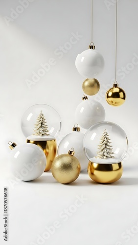 Elegant Christmas Ornaments and Snow Globes with Miniature Trees.