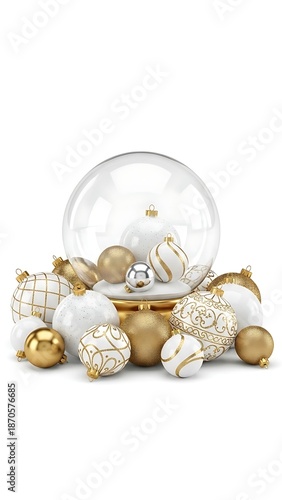 Elegant Christmas Ornaments and Snow Globe Arrangement on White Background.
