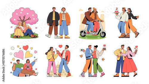 Romantic Illustrations of Couple Moments: A collection of heartwarming illustrations capturing various tender moments, celebrating the bond and affection between couples in different settings.
