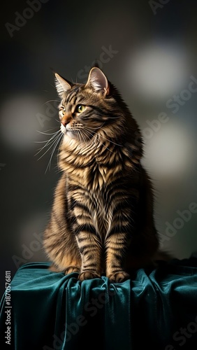 Elegant cat with striped fur posing on velvet cloth under soft lighting