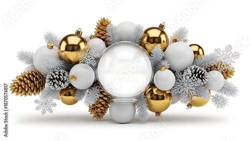 Elegant Christmas Decoration with Snow Globe, Golden Ornaments, and White Pine Branches.