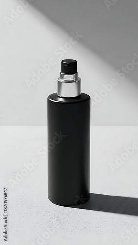 Elegant black perfume bottle against white backdrop with dramatic lighting
