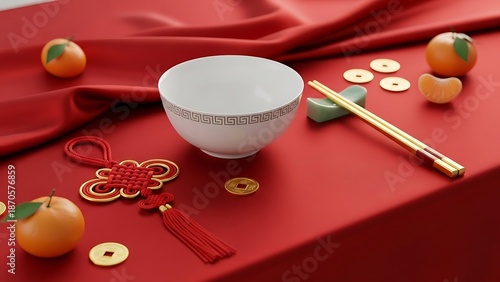 Elegant bowl and decorative elements on red cloth for cultural symbolism