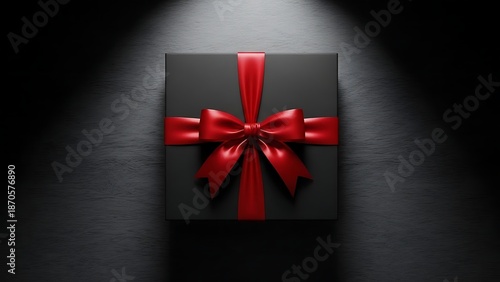 Elegant black gift box with red ribbon on dark background
