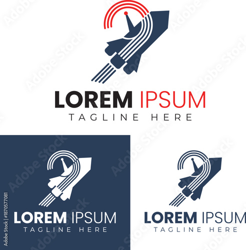 Rocket Satellite Communication Logo Design with Signal Waves