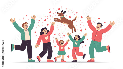 Joyful Reunion: A family welcomes their playful dog with open arms, a vibrant scene bursting with love and confetti. The picture captures the true joy of being together.
