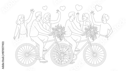 Cycling in Togetherness: A hand-drawn illustration captures a group of friends riding a tandem bicycle together, symbolizing unity, shared experiences, and the joy of a collective journey.