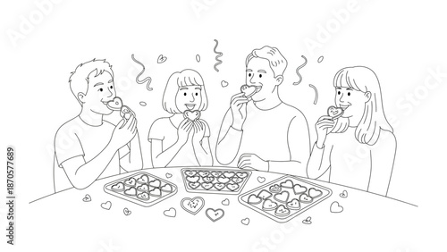 A Family’s Delightful Treat: A happy family gathered around a table, savoring heart-shaped desserts in a moment of shared joy, capturing a heartwarming scene of connection and togetherness.
