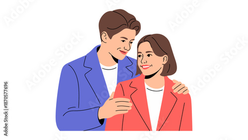 Loving Embrace in Harmony: A couple shares an affectionate moment, eyes locked in tender regard. Their bond radiates warmth and mutual affection, an ideal representation of love and connection.