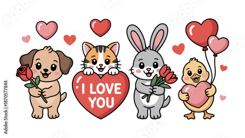 Valentine's Day animal characters: Four adorable animals, a puppy, kitten, rabbit, and chick, each bearing tokens of affection, red hearts, bouquets, and a heartwarming message.