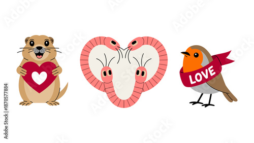 Affectionate Trio: A charming cartoon depicts a prairie dog, a heart-shaped collection of worms, and a bird, each expressing love and affection, perfect for conveying themes of Valentine's Day. 