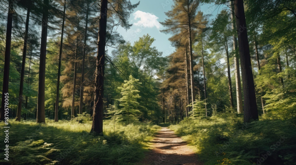Fototapeta premium Lush Forest Path - A Serene Journey Through Towering Trees and Sunlight.
