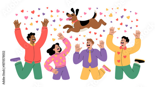 Dog Adoption Celebration: A group of joyous people throws a rescued dog into the air amidst a flurry of hearts, capturing the excitement of animal adoption.