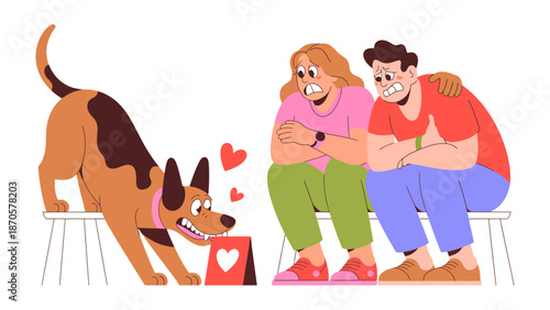 Dog's Sweet Gesture to People: A heartwarming moment unfolds as a playful dog extends a card with a heart to an affectionate couple, evoking a feeling of love and care.