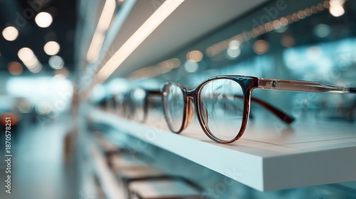 eyeglasses on the bright ophthalmology shop background with copy space for text