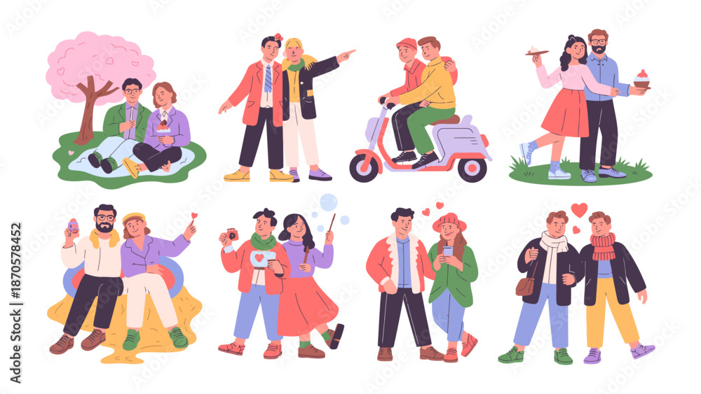 Fototapeta premium Love in Every Season: A heartwarming collection of illustrations showcases diverse couples enjoying each other's company, illustrating romance through various activities and settings. 