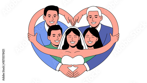 Heartfelt Embrace: The image shows a group of loving relatives surrounding a bride. This symbolizes a happy marriage and family. A touching and warm portrait of marriage celebration and its joy.