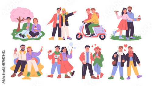Love in Every Season: A heartwarming collection of illustrations showcases diverse couples enjoying each other's company, illustrating romance through various activities and settings. 