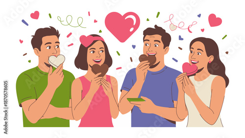 Sweet Moments: Joyful individuals savoring heart-shaped treats amid a whimsical display of hearts and confetti, celebrating love and connection.