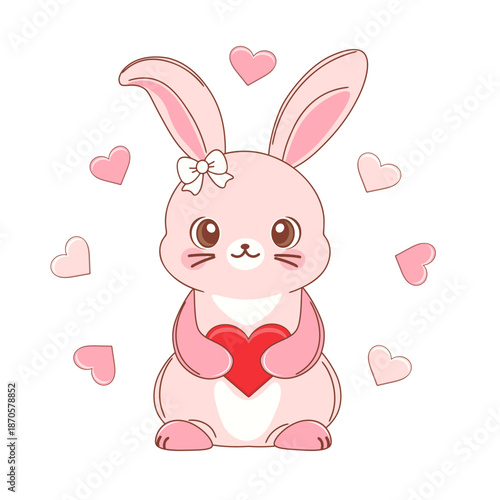 Cute pink bunny holding a red heart for Valentine’s day, vector illustration