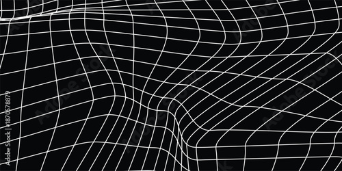 Futuristic perspective grid box. Abstract wireframe with white grid line on black background.