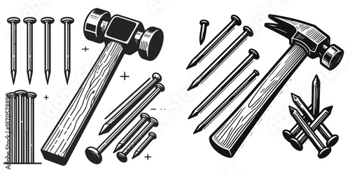 Vector set of simple vector illustration of a hammer and nails, clean line art style, black outline, minimal detail