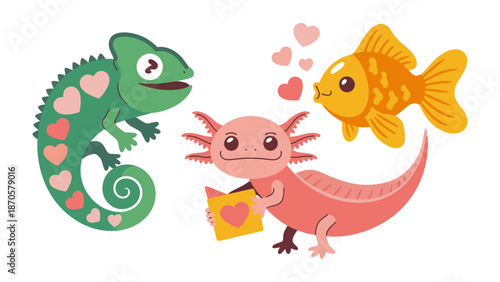 A Trio of Affectionate Creatures: A heartwarming scene unfolds as a chameleon, an axolotl, and a goldfish express their love and adoration for each other. Hearts flutter.