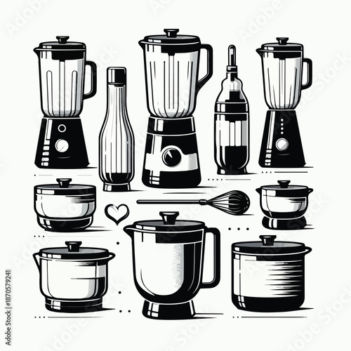 Vector set of blender and glass jar, minimalist vector illustration, black and white, vector line art