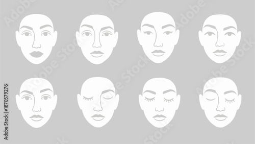 Set of eight abstract facial expressions in white outline on grey background.